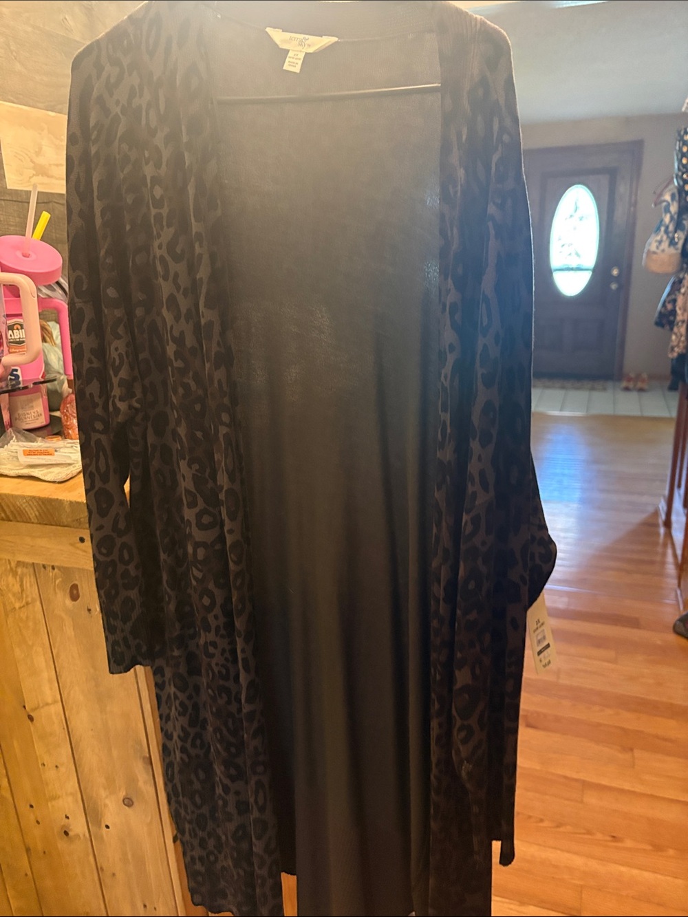Terra & Sky Black Leopard-Print Open Front Duster